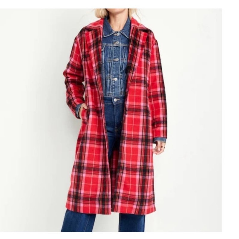 Nwt Old Navy Red Plaid Longline Coat Nwt 20232024 Size Small Petite